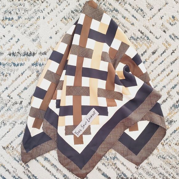 VTG Yves Saint Laurent Print Scarf 33" SQ Brown Stripes Pattern Head Scarf Silk? - Picture 1 of 10